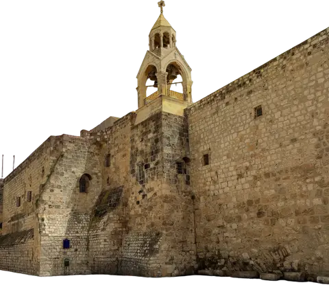 The bell tower of the Church of the Nativity above its fortress walls.